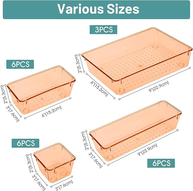 25 PCS Plastic Drawer Organizer Set, Makeup Organizers and Storage Bins | 4 Sizes Desk Drawer Divider Organizers and Storage Bins for Jewelry, Gadgets for Kitchen, Bedroom, Bathroom, Orange