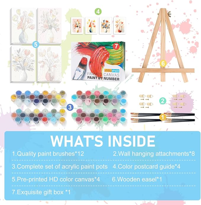 4 Pack Framed Paint by Numbers Kit for Adults with Wooden Easel, 8x12 Inch | Flowers Vase, Easy DIY Acrylic Canvas Craft Kit with Frame for Beginners, Home Decor, Stress Relief Relaxing Hobby Gift
