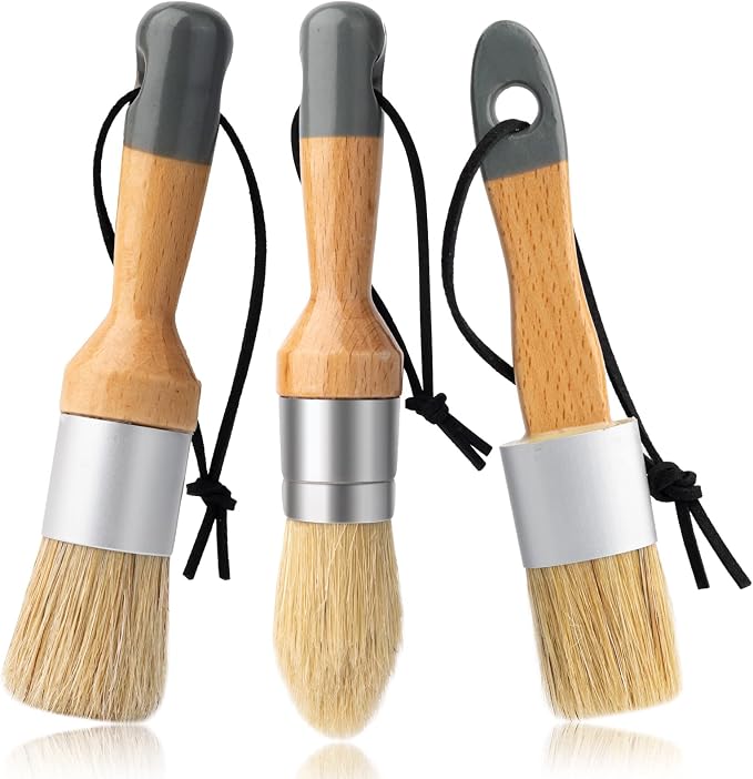 Mister Rui Chalk Wax Paint Brush, 3pcs, Chalk Paint Brushes for Furniture | Small Round Stencil Brushes for Wood, Beeswax, Acrylic Paint, Antique wax, Milk Paint- Natural Bristles, No Shedding