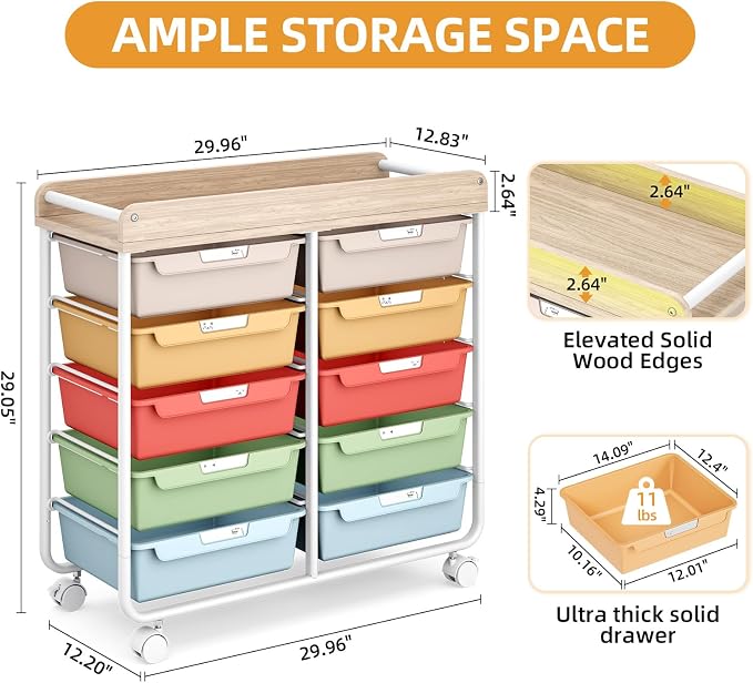 10 Drawer Rolling Storage Cart with Wood Top for Classroom Crafts Colorful | Easy Setup, Large Capacity, Sturdy Build, Lockable Mobility, For office, classroom and home supplies