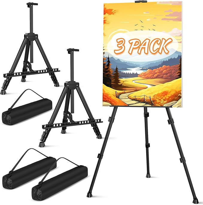 Art Painting Tripod Easel Stands, Portable Adjustable Display Artist Easels | Black Metal Stands with 3 Bags for Tabletop/Floor Painting, Height from 17 to 66 inches for Drawing, Displaying - 3 pack
