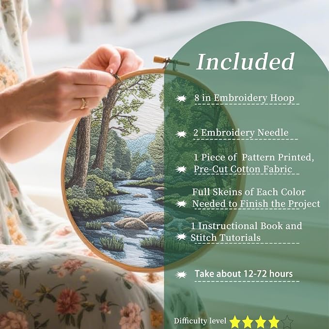 FONNUY Embroidery Kit for Beginners, Boho Nature Landscape Pre-Stamped Pattern Kits for Adults with Hoop, Easy to Follow Color Thread Needlework, 8'' Hoop (Verdant Riverside)