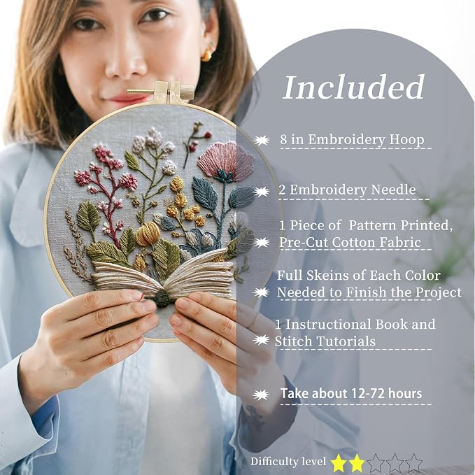 FONNUY Embroidery Kit for Beginners, Flower Book Pre-Stamped Pattern Kits for Adults with Hoop, Cross Stitch Easy to Follow Color Thread Needlework, 8'' Hoop (Green)