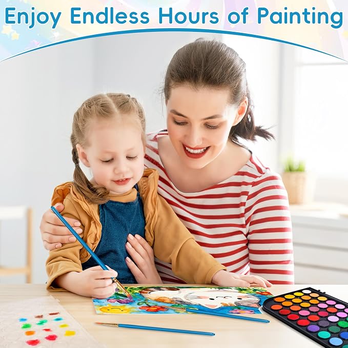 48 Color Solid Watercolor Paint Set with 3 Wooden Brushes for Adults Kids | Washable Watercolor Kit, Safe and Non-Toxic, Detachable Palette, Portable, Ideal Gift for Beginners, Children, Students