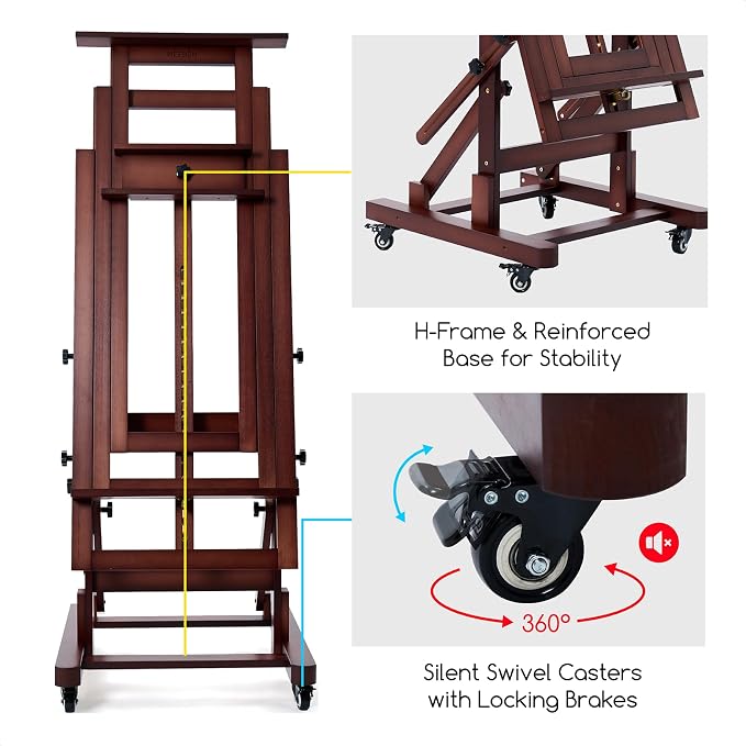 MEEDEN Large Art Painting Easel: Holds Canvas Up to 79" for Studio Drawing | Solid Beechwood H-Frame Easel Stand for Artist Adult, Professional Heavy-Duty Floor Easel for Art Shows Gallery, Deep Walnut