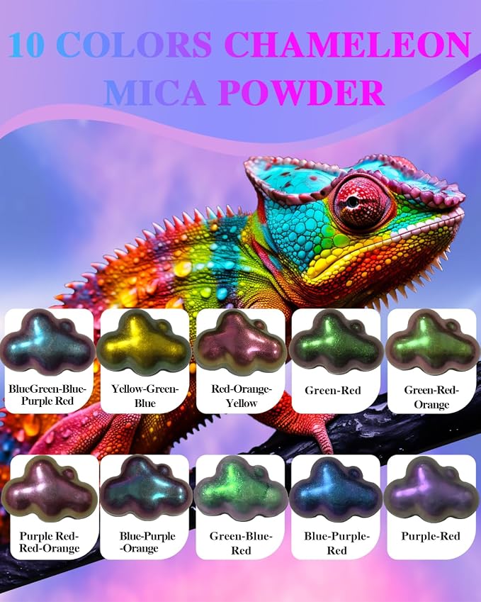 Chameleon Mica Powder, 10 Colors Shift Mica Powder for Epoxy Resin, Tumbler, Saturated Color Shifting Chrome Pigment Powders for Painting, Slime, Nails, Soap Making