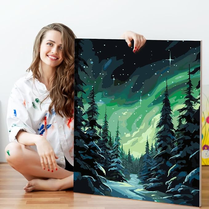 Paint by Numbers Kit for Adults Beginner, Aurora Adult Paint by Number Kits on Canvas Without Frame, Forest Oil Painting by Numbers for Home Decor Gift 16” W x 20”L