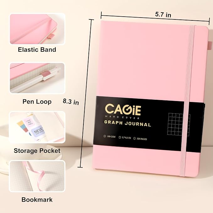 CAGIE Graph Paper Notebook 320 Pages 100 GSM Graphing Grid Journal B5 Hardcover Leather Quad Ruled Notebooks for Engineering, Math, Work, Pink