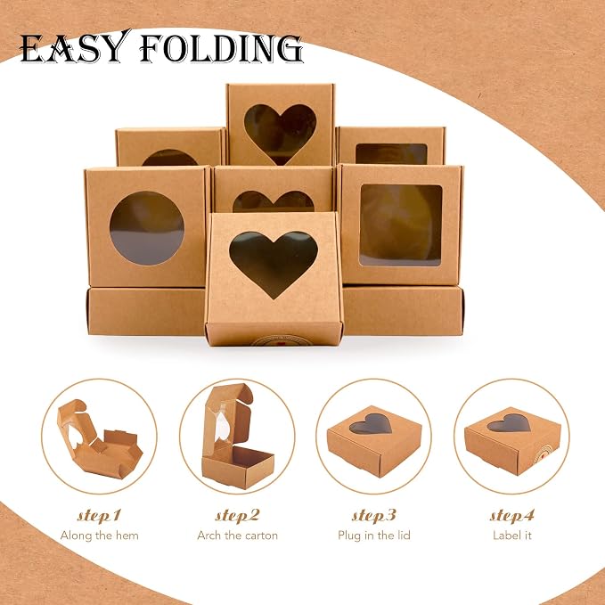 Moukiween Soap Boxes for Homemade Soap, Soap Packaging Gift Box with Window | 2.95 X 2.95 X 1.18 Inch Soap Packaging Gift boxes Brown with Window, Small Square Soap Wrapping Boxes (30PCS)