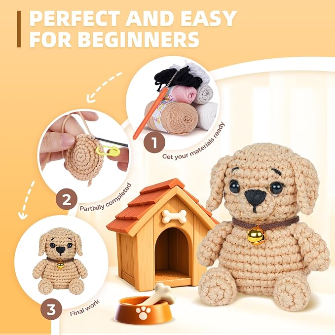 MOREJMTT Crochet Kit for Beginners, Learn to Crochet, Include Easy Knitting Soft Yarn, Step-by-Step Video Tutorial, Hook, Holiday Birthday Gift for Adults (2pack Dog)