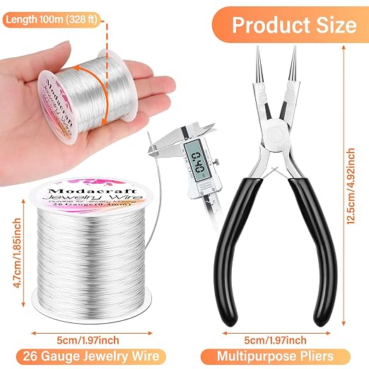 Modacraft 26 Gauge Wire for Jewelry Making with Multipurpose Piler, 328.1 FT/0.4 mm Craft Silver Jewelry Wire Tarnish Resistant Copper Beading Making Supplies and Crafting (Silver)
