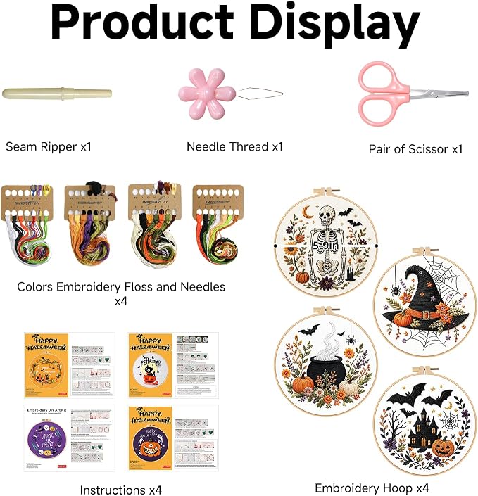 Embroidery Kit, 4 Pack Cross Stitch Kits,DIY Embroidery Starter Kit for Adults & Beginners, DIY Needlepoint Kit with Embroidery Hoop Thread Needle for Craft Lover Birthday Gifts (Halloween-4 Set2)
