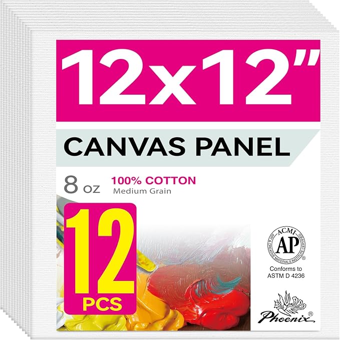 PHOENIX Square Painting Canvas Panels 12x12 Inch, 12 Value Pack - 8 Oz Triple Primed 100% Cotton Acid Free Canvas Boards for Painting, White Blank Flat Canvas Boards for Acrylic, Oil Paints