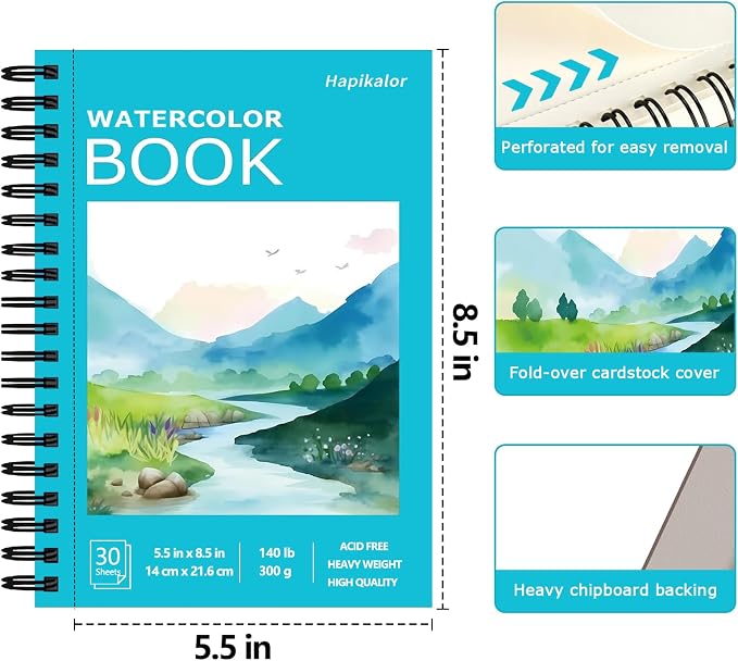 Hapikalor 5.5"x8.5" Watercolor Paper, Small Sketchbook for Kids, 30 Sheets | Spiral Bound, Water Color Paper, 140lb/300gsm Watercolor Paper, Watercolor Notebook, Watercolor Journal, Sketch Pad, Teal