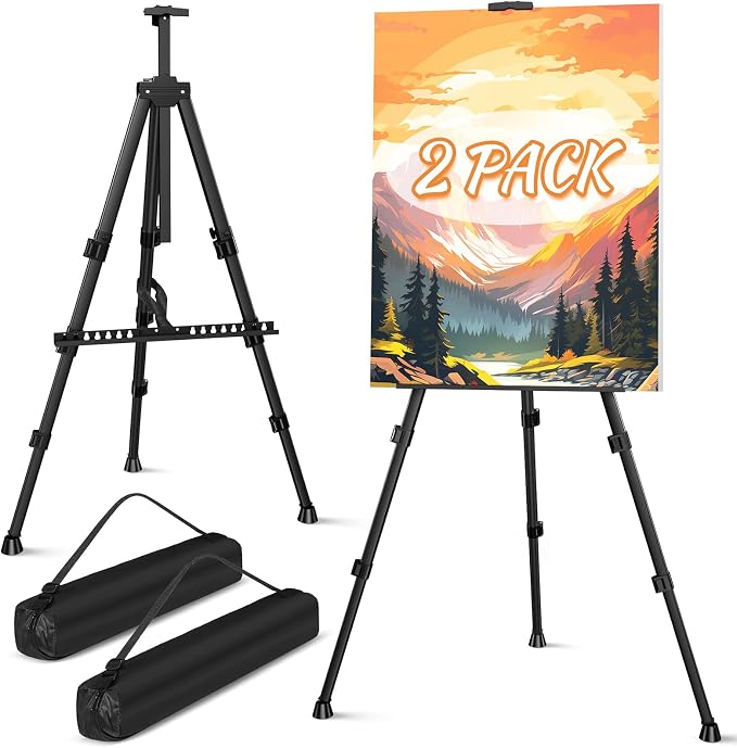 Art Painting Tripod Easel Stands, Portable Adjustable Display Artist Easels | Black Metal Stands with 2 Bags for Tabletop/Floor Painting, Height from 17 to 66 inches for Drawing, Displaying - 2 pack
