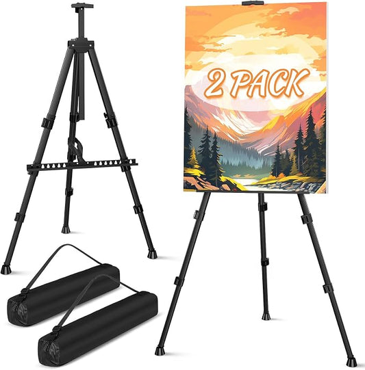 Art Painting Tripod Easel Stands, Portable Adjustable Display Artist Easels | Black Metal Stands with 2 Bags for Tabletop/Floor Painting, Height from 17 to 66 inches for Drawing, Displaying - 2 pack