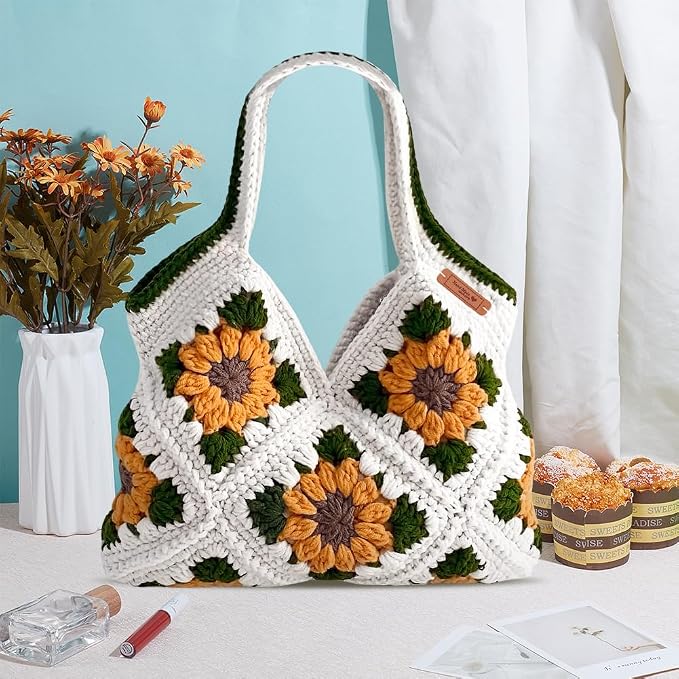 FREEBLOSS Crochet Sunflower Tote Bag Kit Beginners Crochet Kit for Adults with Step-by-Step Video Tutorials Knitting Handbag Set