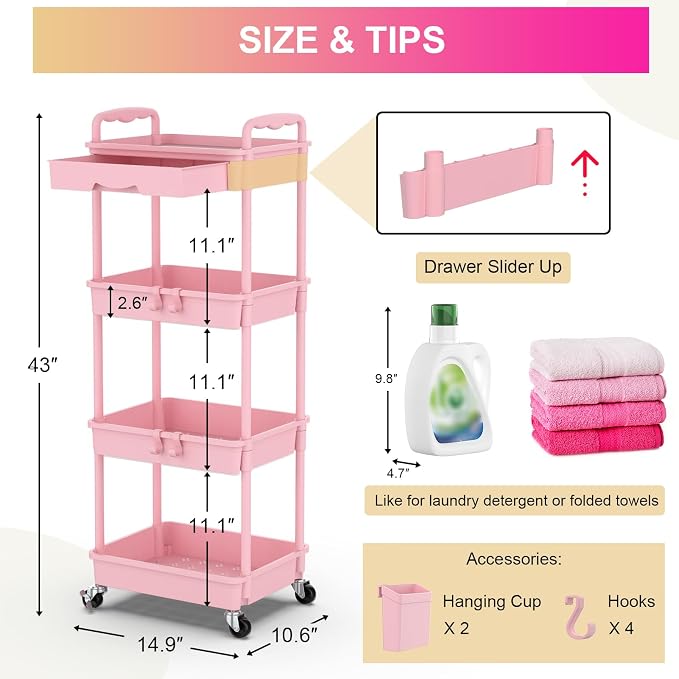 Goovilla 4 Tier Rolling Utility Cart Organizer with Removable Drawer, Pink | Stable and Sturdy Rolling Storage Carts with 2 Lockable Wheels for Bathroom, Kitchen, Snack, Craft, Makeup, Baby Essentials