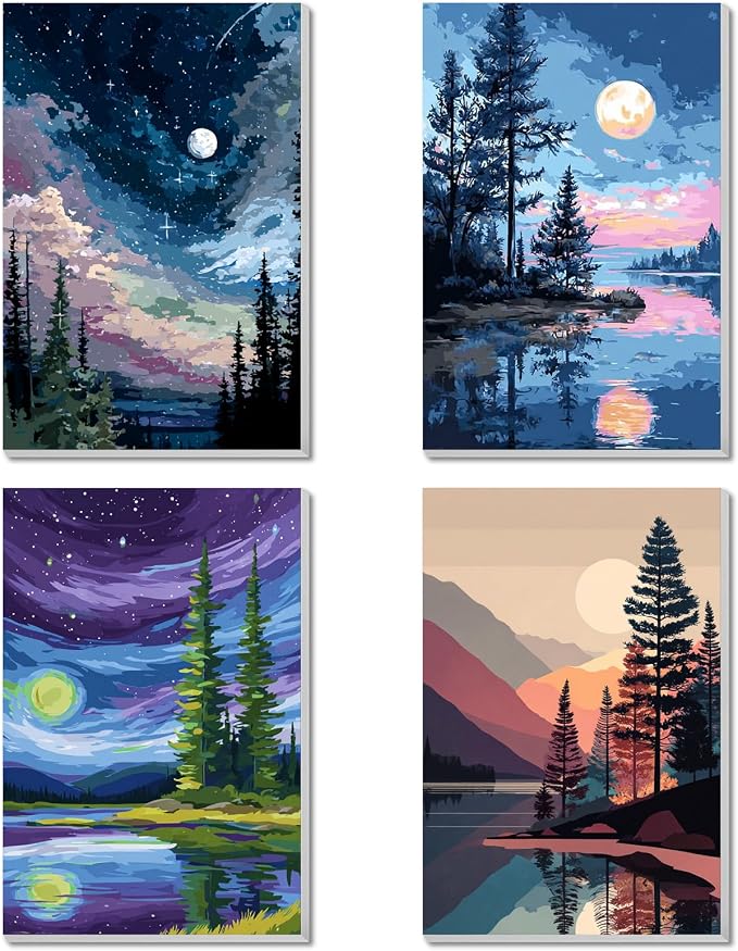 4 Pack Framed Paint By Numbers Kit for Adults Beginner Starry Night Adult Paint By Number Kits on Canvas Landscape Painting By Numbers for Adults with Frame Diy Painting Kits for Home Wall Art 8x12 In