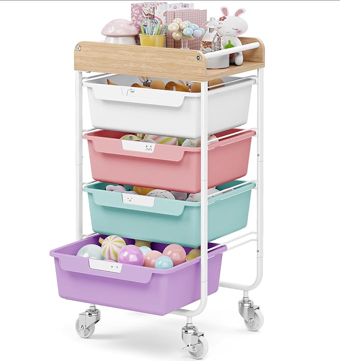 SYKIARIOL Rolling Utility Storage Cart,4 Labeled Ice Cream Colored Drawers | Art Craft Sewing Study Organizer Cart with Wooden Tabletop,for Crafters,Artists,Sewing enthusiast,Kids,Teachers,Students