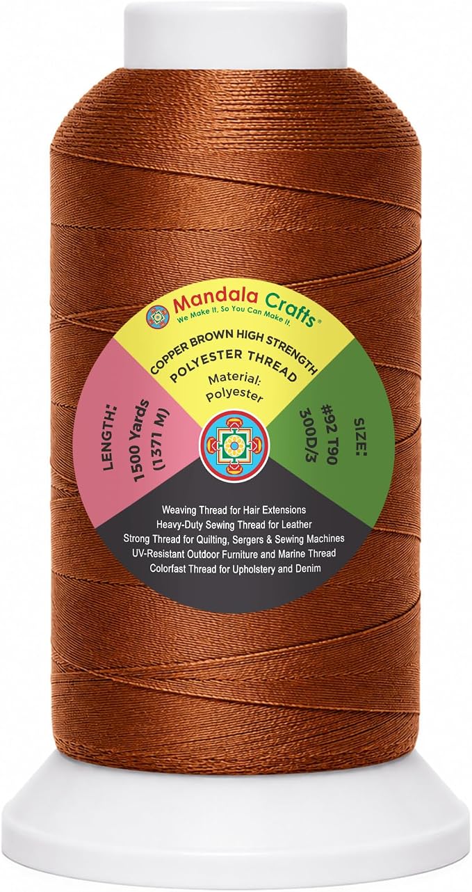 Mandala Crafts Copper Brown Tex 90 Upholstery Polyester Heavy Duty Thread | 1500 Yds T90 UV Resistant Strong Thread for Leather Sewing, Marine, Drapery, Jeans, Hair Weaving & Extension, Outdoor