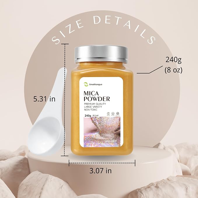 Mica Powder, Golden, 240g with Scoop, Complies with ASTM D-4236 | For Epoxy Resin, Soap, Bath Bomb, Candle| Safety Material| Odorless| Brilliant Colors