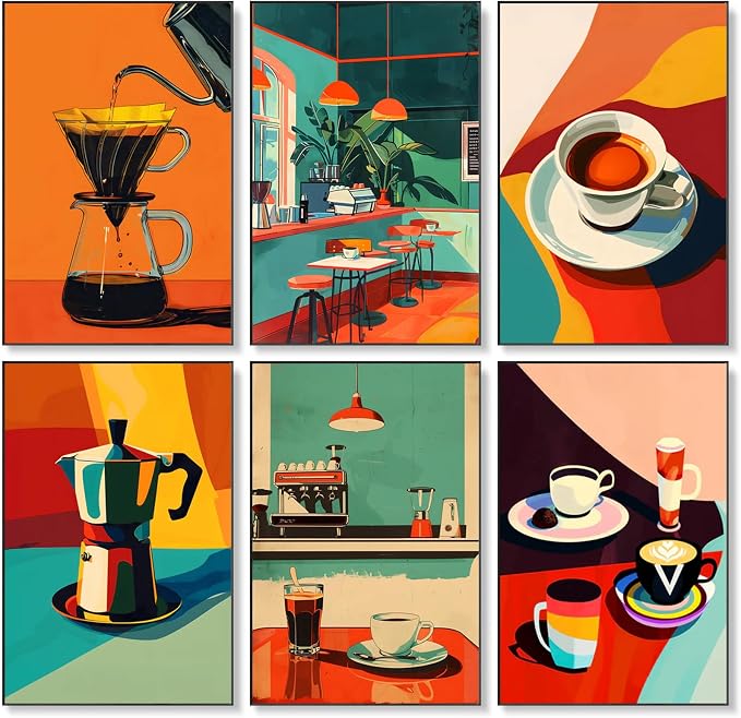 Fountor 6 Pack Coffee Paint by Numbers Kit for Adults Beginner, 8x12 Inch | Without Frame Canvas, DIY Acrylic Adult Paint by Number Kits Retro, Stress Relief Craft Kits, For Home Wall Decor Gift