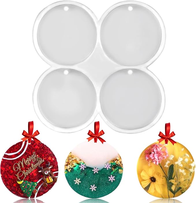 MEMOVAN 4-Cavity Christmas Ornaments Resin Molds with Hole Round Resin Molds Circle Coaster Molds Round Pendant Casting Molds for Epoxy Resin Christmas Tree Decorations DIY Crafts