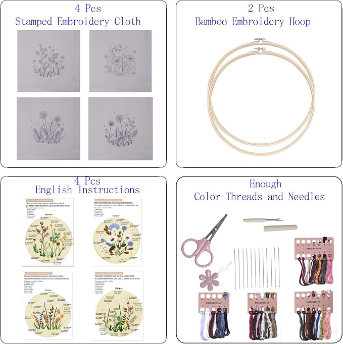 Bonroy 4 Sets Embroidery Set for Beginners, Art Craft, Easy Sewing Embroidery Kit Includes Embroidered Clothes with Patterns, Embroidery Hoops, Instruction Manual, Colorful Stitch Set (2 Most)