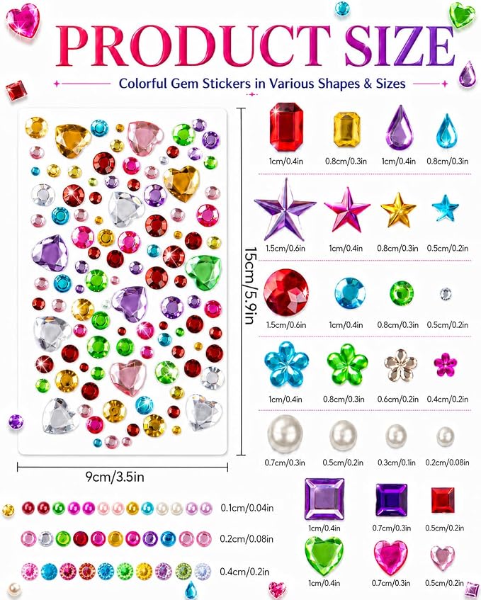 3062Pcs Gem Stickers-Self-Adhesive Face Jewelry Stickers, Acrylic Gems DIY Crafts, Sparkling Heart-Shaped Rhinestone, for Party & Holiday Supplies