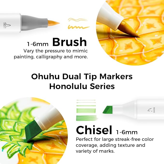 Ohuhu Alcohol Markers 48 Colors Brush& Chisel for Adults Cozy Coloring | Refillable AP Certified Art Marker Set for Artists Beginner Drawing Illustration Sketching, Dual Tips Alcohol-based, Honolulu
