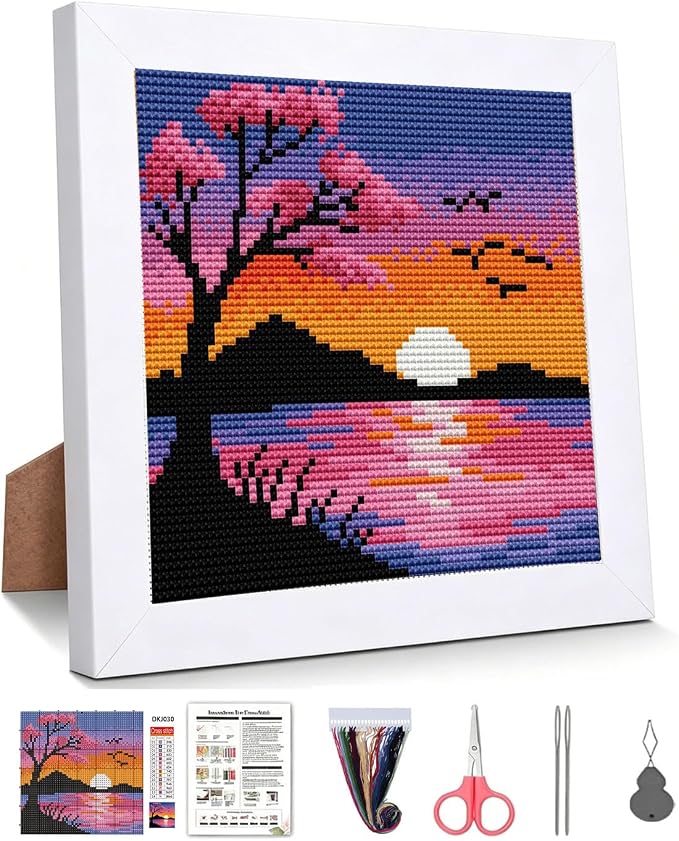 Sunset Landscape Stamped Cross Stitch Kits for Beginners Adults with Framed | Cherry Blossom Needlepoint Counted Cross Stitch Kits for Beginners Adults Embroidery Kits Arts and Crafts 6 x 6 inch