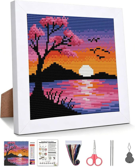 Sunset Landscape Stamped Cross Stitch Kits for Beginners Adults with Framed | Cherry Blossom Needlepoint Counted Cross Stitch Kits for Beginners Adults Embroidery Kits Arts and Crafts 6 x 6 inch