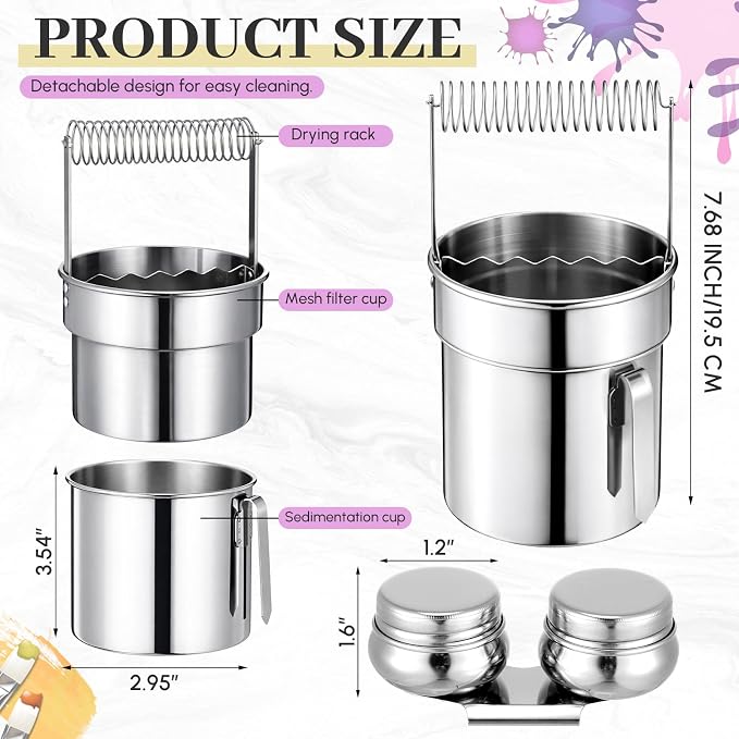2 Pcs Paint Brush Cleaner Set with Cup, Drying Rack, Extra Large | Stainless Steel, Portable Brush Washer with Palette Cup, For Oil Painting And Acrylic Painting, Painting Accessories