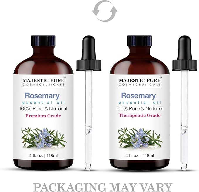 Majestic Pure Essential Oil with Glass Dropper - 100% Pure and Natural - Essential Oils for Diffuser, Aromatherapy, Soap and Candle Making, Rosemary Essential Oil, Rosemary Oil, 4 Fl Oz (Pack of 2)