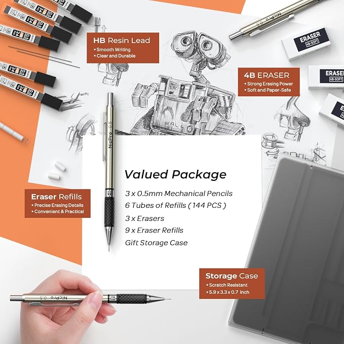 Nicpro 0.5 mm Art Mechanical Pencil Set in Storage Case, 3 PCS | Metal Drafting Pencil Lead Pencil+6 Tube HB Refills, 12 Erasers, Comfort Grip For School Writing, Artist Drawing, Sketching