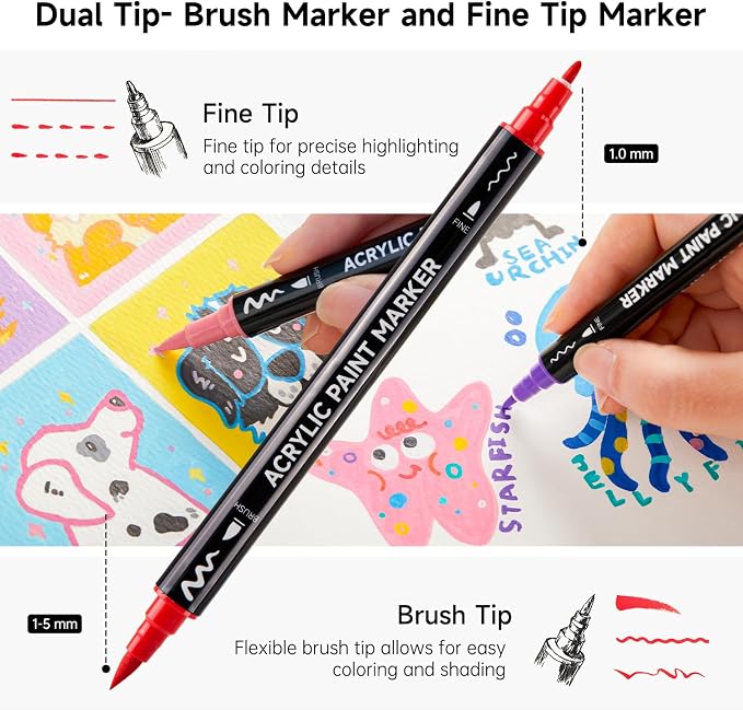 Shuttle Art 80 Colors Dual Tip Acrylic Paint Markers, Brush Tip and Fine Tip Acrylic Paint Pens for Rock, Ceramic, Wood, Canvas, Plastic, Glass, Stone, Calligraphy, Card Making, DIY Football Crafts