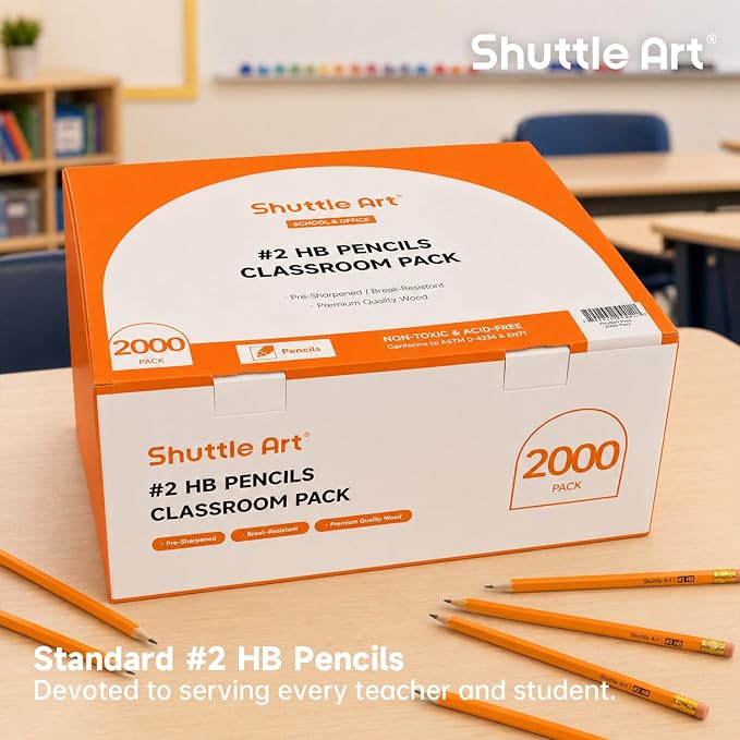 Shuttle Art 2000 Pack #2 HB Pencils Pre-Sharpened, Bulk Pencils with Erasers