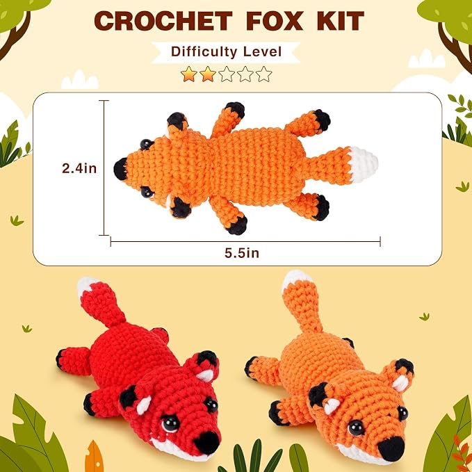 Crochet Kit for Beginners - 2 PCS Fox Crochet Kits with Step-by-Step Video Tutorials, Beginner Crochet Kit for Adults, Crochet Animal Kit, Crochet Fox Set