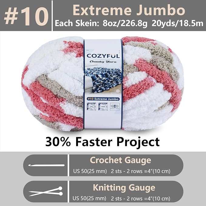 Cozyful Chunky Yarn for Hand Knitting - #10 Chunky Chenille Blanket Yarn, Jumbo Big Thick Chunky Yarns for Crocheting, Tie Dye Bulky Knit Yarns, 8 Skein (20 yds 8 oz Each Skein), Khaki & Rose & White