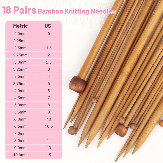 Aeelike 18 Pairs Bamboo Knitting Needles Set, 2mm-8mm Wood Needle, Type D