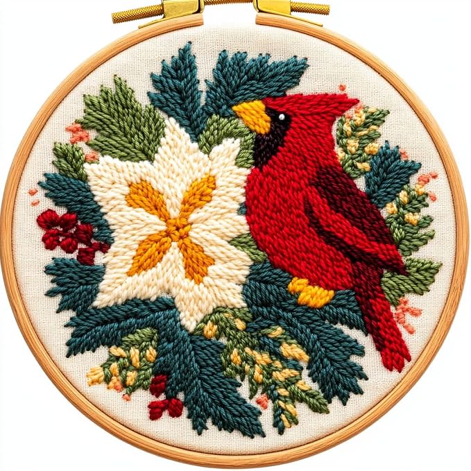 DIY Punch Needle Kits Christmas Flowers Cardinal Bird with Hoop 20x20cm-3
