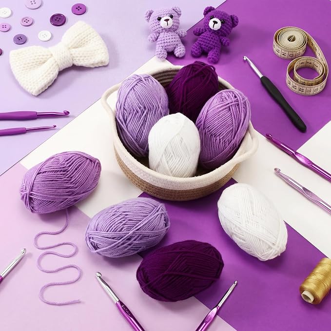 Buryeah Purple Series 8 Packs Crochet Yarn Knitting Bundle Beginner Acrylic Thread Fluffy Hand Tube Polyester Yarn Needles Bulky Kit Variety Pack 726 Yards for Weaving Crafts DIY Project Beginner