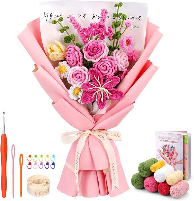Iuuidu Crochet Kit for Beginners, Rose-Pink Flower Bouquet Crochet Kit