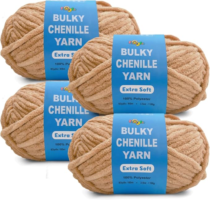 4 * 3.5Oz Soft Velvet Yarn Chenille Yarn for Crocheting and Knitting – Light Bulky (93 Yards/100g) - Microfiber Polyester - Yarn for Blanket Amigurumi Weaving Crafts (Sand Beige, 4 Pack)
