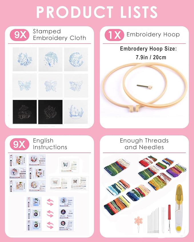 TINDTOP Embroidery Kit for Adult, Hummingbird Butterfly Mushroom Flower Kit | 9 Sets for Beginners Include Embroidery Cloth Hoop Threads with Embroidery Skill Techniques