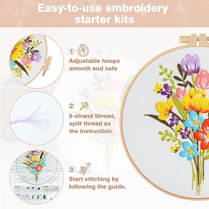 RidaaFri 3 Pack Embroidery Kit for Beginners, Flower DIY Adults Starter Kit | Easy to Learn Floral Embroidery Patterns Hand Practice Set with Video Instructions Hoop Needles Floss, Gift for Craft Lover