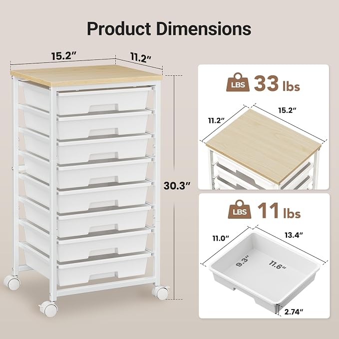 Pipishell Rolling Cart with 8 Drawers for Classroom, Craft & Art Room,White