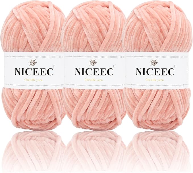 NICEEC 3 Skeins Soft Chenille Yarn 3x85m(3x93yds,3x50g)_Incarnadine Pink