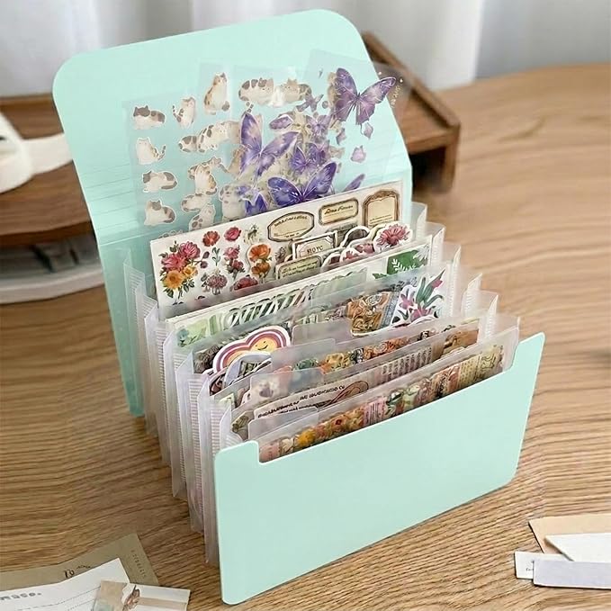 Sticker Storage Organizer with 7 Expandable Pockets, A6 Multi-Layer Desktop Sticker Binder for Scrapbook Essentials and Journal Organizer, Large Capacity for Thick Sticker Album, Washi Tape(Aqua)